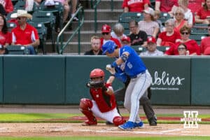 Creighton Bluejay outfielder Isaac Wachsmann (6) strikes out in the third against the Nebraska Cornhuskers during a college baseball game on Tuesday, April 14, 2026, in Lincoln, Neb. Photo by John S. Peterson.