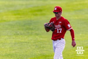 Nebraska Cornhusker outfielder Mac Moyer (17) takes his position in the outfield against the Creighton Bluejays in the third inning during a college baseball game on Tuesday, April 14, 2026, in Lincoln, Neb. Photo by John S. Peterson.