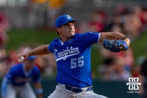 Creighton Bluejay starting pitcher Max McClellan (55) throws a pitch against the Nebraska Cornhuskers in the first inning during a college baseball game on Tuesday, April 14, 2026, in Lincoln, Neb. Photo by John S. Peterson.
