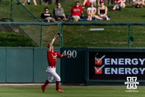Nebraska Cornhusker outfielder Mac Moyer (17) makes a catch for an out against the Creighton Bluejays in the first inning during a college baseball game on Tuesday, April 14, 2026, in Lincoln, Neb. Photo by John S. Peterson.