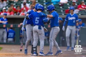 Creighton Bluejay catcher Nate McHugh (5) celebrates his two-run home run in the first inning against the Nebraska Cornhuskers during a college baseball game on Tuesday, April 14, 2026, in Lincoln, Neb. Photo by John S. Peterson.