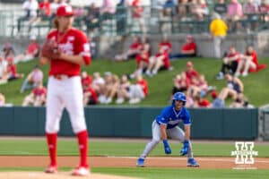 Creighton Bluejay outfielder Lew Rice (3) leading off against Nebraska Cornhusker pitcher Pryce Bender (6) in the first inning during a college baseball game on Tuesday, April 14, 2026, in Lincoln, Neb. Photo by John S. Peterson