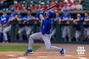 Creighton Bluejay Lew Rice (3) singles in the first inning against the Nebraska Cornhuskers during a college baseball game on Tuesday, April 14, 2026, in Lincoln, Neb. Photo by John S. Peterson.