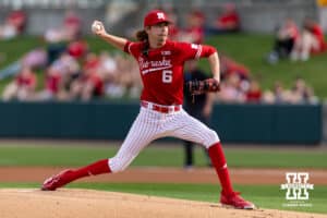 Nebraska Cornhusker starting pitcher Pryce Bender (6) throws a pitch against the Creighton Bluejays in the first inning during a college baseball game on Tuesday, April 14, 2026, in Lincoln, Neb. Photo by John S. Peterson.