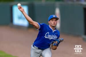 Creighton Bluejay starting pitcher Max McClellan (55) warms up before taking on the Nebraska Cornhuskers during a college baseball game on Tuesday, April 14, 2026, in Lincoln, Neb. Photo by John S. Peterson.