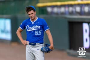 Creighton Bluejay starting pitcher Max McClellan (55) warms up before taking on the Nebraska Cornhuskers during a college baseball game on Tuesday, April 14, 2026, in Lincoln, Neb. Photo by John S. Peterson.