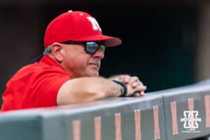 Nebraska Cornhuskers assistant coach Rob Childress watches warm-ups before taking on the Creighton Bluejays during a college baseball game on Tuesday, April 14, 2026, in Lincoln, Neb. Photo by John S. Peterson.