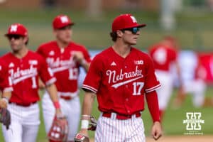 Nebraska Cornhusker outfielder Mac Moyer (17) warms up before taking on the Creighton Bluejays during a college baseball game on Tuesday, April 14, 2026, in Lincoln, Neb.. Photo by John S. Peterson.