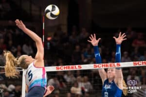 Omaha Supernova Brooke Nuneviller (5) goes for the kill during a major league volleyball match against Dallas Pulse on April 12, 2026, in Omaha, Nebraska. Photo by Brandon Tiedemann