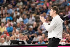 Omaha Supernova interim head coach Thomas Robson claps during a major league volleyball match against Dallas Pulse on April 12, 2026, in Omaha, Nebraska. Photo by Brandon Tiedemann