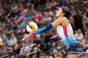 Omaha Supernova Reagan Cooper (8) saves a loose ball during a major league volleyball match against Dallas Pulse on April 12, 2026, in Omaha, Nebraska. Photo by Brandon Tiedemann
