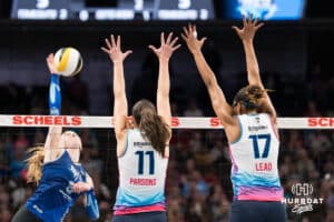 Omaha Supernovas Sarah Parsons (11) and Janice Leao (17) looks to block a kill during a major league volleyball match against Dallas Pulse on April 12, 2026, in Omaha, Nebraska. Photo by Brandon Tiedemann