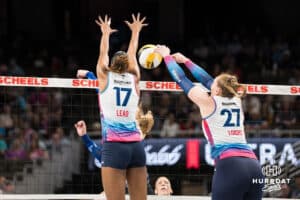 Omaha Supernova Emily Londot (27) blocks a tip during a major league volleyball match against Dallas Pulse on April 12, 2026, in Omaha, Nebraska. Photo by Brandon Tiedemann