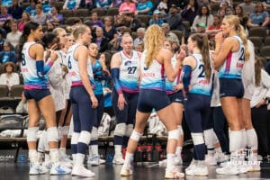 Omaha Supernovas huddle during a major league volleyball match against Dallas Pulse on April 12, 2026, in Omaha, Nebraska. Photo by Brandon Tiedemann