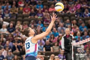Omaha Supernova Merritt Beason (13) tips the ball during a major league volleyball match against Dallas Pulse on April 12, 2026, in Omaha, Nebraska. Photo by Brandon Tiedemann