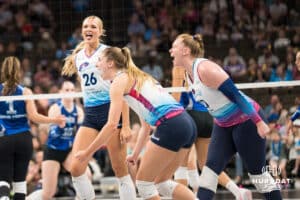 Omaha Supernova Sydney Hilley (2) celebrates a point during a major league volleyball match against Dallas Pulse on April 12, 2026, in Omaha, Nebraska. Photo by Brandon Tiedemann