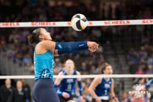 Omaha Supernova Elena Oglivie (22) bumps the ball during a major league volleyball match against Dallas Pulse on April 12, 2026, in Omaha, Nebraska. Photo by Brandon Tiedemann