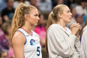 Omaha Supernova Brooke Nuneviller (5) stands on the bench during a major league volleyball match against Dallas Pulse on April 12, 2026, in Omaha, Nebraska. Photo by Brandon Tiedemann