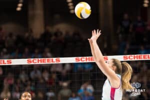 Omaha Supernova Sydney Hilley (2) sets the ball during a major league volleyball match against Dallas Pulse on April 12, 2026, in Omaha, Nebraska. Photo by Brandon Tiedemann