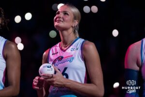 Omaha Supernova Leyla Blackwell (26) gets introduced during a major league volleyball match against Dallas Pulse on April 12, 2026, in Omaha, Nebraska. Photo by Brandon Tiedemann