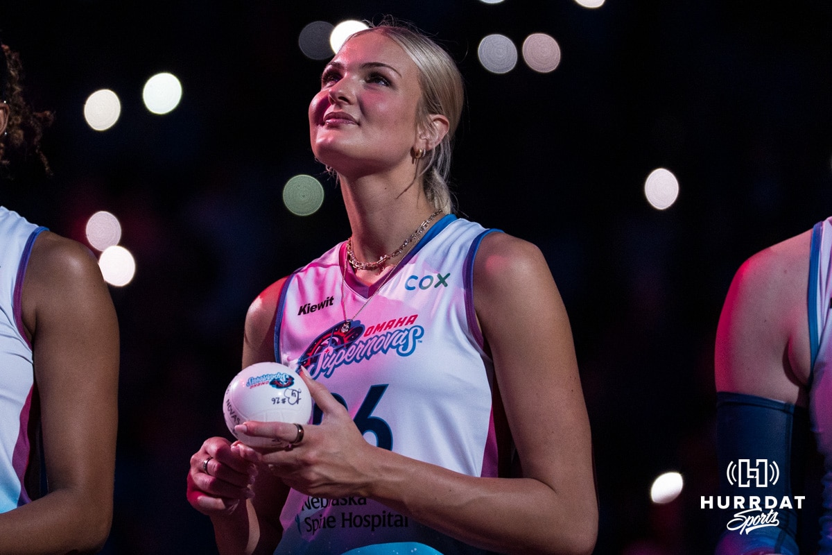 Omaha Supernova Leyla Blackwell (26) gets introduced during a major league volleyball match against Dallas Pulse on April 12, 2026, in Omaha, Nebraska. Photo by Brandon Tiedemann