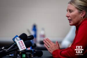 Nebraska Cornhusker head coach Dani Busboom Kelly answers questions from the media during a college volleyball match on Saturday, April 11, 2026, in Lincoln, Neb. Photo by John S. Peterson.