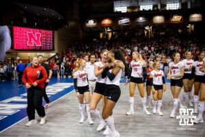 Nebraska Cornhuskers celebrate the win over the Iowa State Cyclones during a college volleyball match on Saturday, April 11, 2026, in Lincoln, Neb. Photo by John S. Peterson.