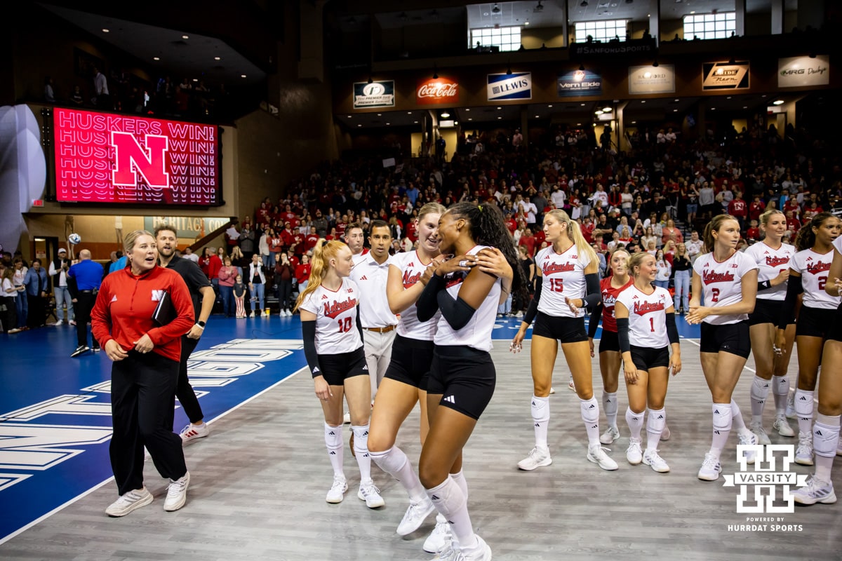 Nebraska Cornhuskers celebrate the win over the Iowa State Cyclones during a college volleyball match on Saturday, April 11, 2026, in Lincoln, Neb. Photo by John S. Peterson.