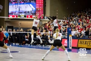 Nebraska Cornhusker opposite hitter Ryan Hunter (18) blocks a spike from Iowa State Cyclone outside hitter Alea Goolsby (30) for match point during a college volleyball match on Saturday, April 11, 2026, in Lincoln, Neb. Photo by John S. Peterson.