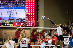 Nebraska Cornhusker opposite hitter Ryan Hunter (18) spikes the ball against the Iowa State Cyclones in the fourth set during a college volleyball match on Saturday, April 11, 2026, in Lincoln, Neb. Photo by John S. Peterson.