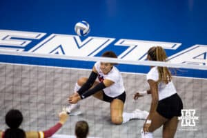 Nebraska Cornhusker outside hitter Teraya Sigler (11) passes the ball against the Iowa State Cyclones during a college volleyball match on Saturday, April 11, 2026, in Lincoln, Neb. Photo by John S. Peterson.