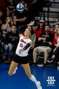 Nebraska Cornhusker middle blocker Andi Jackson (15) serves the ball against the Iowa State Cyclones in the fourth set during a college volleyball match on Saturday, April 11, 2026, in Lincoln, Neb. Photo by John S. Peterson.
