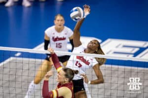 Nebraska Cornhusker middle blocker Keoni Williams (17) spikes the ball against the Iowa State Cyclones in the fourth set during a college volleyball match on Saturday, April 11, 2026, in Lincoln, Neb. Photo by John S. Peterson.