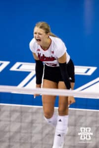 Nebraska Cornhusker outside hitter Gabby DiVita (23) celebrates a point against the Iowa State Cyclones during a college volleyball match on Saturday, April 11, 2026, in Lincoln, Neb. Photo by John S. Peterson.