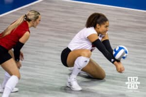Nebraska Cornhusker outside hitter Teraya Sigler (11) passes the ball against the Iowa State Cyclones during a college volleyball match on Saturday, April 11, 2026, in Lincoln, Neb. Photo by John S. Peterson.