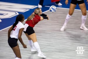 Nebraska Cornhusker libero Laney Choboy (6) makes a pass against the Iowa State Cyclones during a college volleyball match on Saturday, April 11, 2026, in Lincoln, Neb. Photo by John S. Peterson.