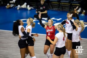 Nebraska Cornhuskers celebrate a point against the Iowa State Cyclones during a college volleyball match on Saturday, April 11, 2026, in Lincoln, Neb. Photo by John S. Peterson.