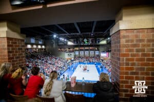 Volleyball fans watching the match between the Nebraska Cornhuskers and the Iowa State Cyclones during a college volleyball match on Saturday, April 11, 2026, in Lincoln, Neb. Photo by John S. Peterson.