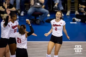 Nebraska Cornhusker setter Bergen Reilly (2) celebrates a point against the Iowa State Cyclones during a college volleyball match on Saturday, April 11, 2026, in Lincoln, Neb. Photo by John S. Peterson.