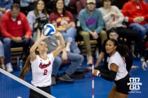 Nebraska Cornhusker setter Bergen Reilly (2) sets the ball against the Iowa State Cyclones during a college volleyball match on Saturday, April 11, 2026, in Lincoln, Neb. Photo by John S. Peterson.