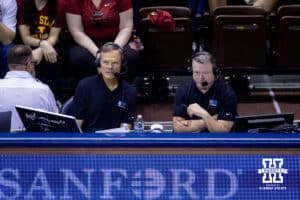 Former Nebraska head coach John Cook and Larry Putney are calling the match between Nebraska and Iowa State for the Big Ten Network during a college volleyball match on Saturday, April 11, 2026, in Lincoln, Neb. Photo by John S. Peterson.