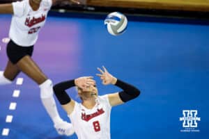 Nebraska Cornhusker middle blocker Kenna Cogill (8) gets ready to spike the ball against the Iowa State Cyclones during a college volleyball match on Saturday, April 11, 2026, in Lincoln, Neb. Photo by John S. Peterson.