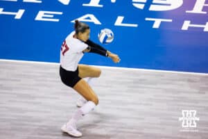 Nebraska Cornhusker outside hitter Harper Murray (27) digs the ball against the Iowa State Cyclones during a college volleyball match on Saturday, April 11, 2026, in Lincoln, Neb. Photo by John S. Peterson.