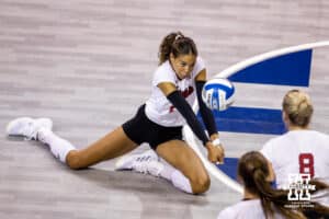 Nebraska Cornhusker outside hitter Skyler Pierce (21) digs the ball against the Iowa State Cyclones during a college volleyball match on Saturday, April 11, 2026, in Lincoln, Neb. Photo by John S. Peterson.
