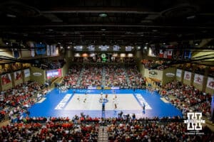 Nebraska Cornhuskers take on the Iowa State Cyclones in front of a crowd of 3,372 during a college volleyball match on Saturday, April 11, 2026, in Lincoln, Neb. Photo by John S. Peterson.
