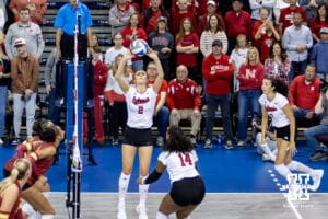 Nebraska Cornhusker setter Bergen Reilly (2) sets the ball against the Iowa State Cyclones during a college volleyball match on Saturday, April 11, 2026, in Lincoln, Neb. Photo by John S. Peterson.