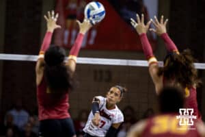 Nebraska Cornhusker outside hitter Harper Murray (27) spikes the ball against the Iowa State Cyclones during a college volleyball match on Saturday, April 11, 2026, in Lincoln, Neb. Photo by John S. Peterson.