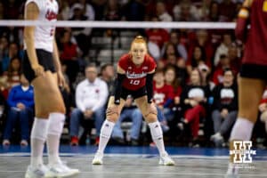 Nebraska Cornhusker Olivia Mauch (10) playing at the libero position against the Iowa State Cyclones during a college volleyball match on Saturday, April 11, 2026, in Lincoln, Neb. Photo by John S. Peterson.
