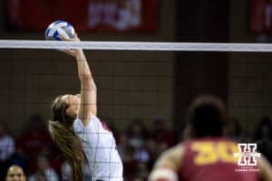 Nebraska Cornhusker setter Bergen Reilly (2) sets the ball against the Iowa State Cyclones during a college volleyball match on Saturday, April 11, 2026, in Lincoln, Neb. Photo by John S. Peterson.