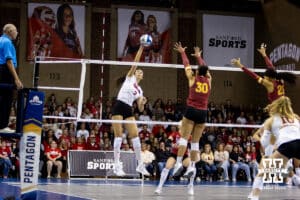 Nebraska Cornhusker opposite hitter Virginia Adriano (3) spikes the ball against Iowa State Cyclone outside hitter Alea Goolsby (30) during a college volleyball match on Saturday, April 11, 2026, in Lincoln, Neb. Photo by John S. Peterson.